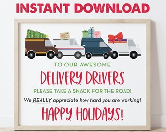 Happy Holidays Delivery Driver Snack Sign, Christmas Delivery, Mail Carrier Gift, Thank You Sign, Take a Snack, Instant Download 0288