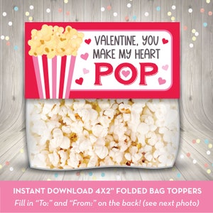 Toppers per sacchetti di popcorn di San Valentino, DOWNLOAD immediato! Fai scoppiare il mio cuore, San Valentino a scuola, in classe prescolare, acquista, stampa, assembla in pochi minuti!