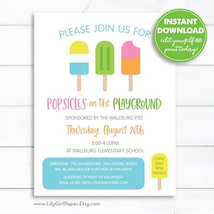 Editable Popsicles on the Playground Flyer Template, Back to School Open House, Meet the Teacher, 8.5x11 PTA/PTO Flyer, Instant Download