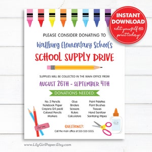 Editable School Supply Drive Flyer Template, Back to School, 8.5x11 PTA/PTO Flyer, Customizable, Instant Download, All Text Editable image 1