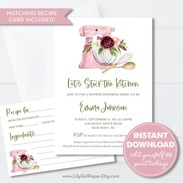 Editable Kitchen Wedding Shower Invitation & Recipe Card, Stock the Kitchen, INSTANT DOWNLOAD, Editable Template, Printable Invitation, 0286