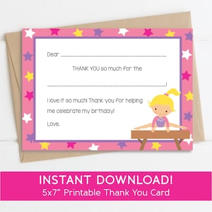 Gymnastiek Bedankkaart, Instant Download, Afdrukbaar bestand, Vul de lege Bedankkaart in, Gymnast Note Card, 0123