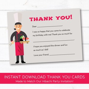 Hibachi verjaardagsfeestje diner fill-in bedankkaart, Aziatisch steakhouse diner, INSTANT DOWNLOAD, afdrukbaar bestand, digitaal bedankje, 0070