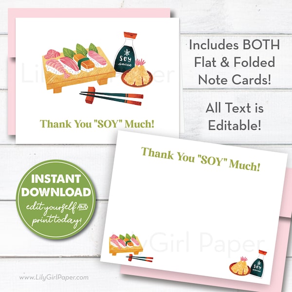 Editable Sushi Birthday Party Thank You Cards, Hibachi, Sushi Dinner, Asian Steakhouse, INSTANT DOWNLOAD! Printable Note Card, 0345