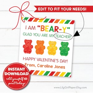 Cartões de dia dos namorados de ursinho de goma editáveis para professor, amigo, treinador, aluno, etc., Beary Glad Valentines, DOWNLOAD INSTANTÂNEO, edite e imprima hoje!!