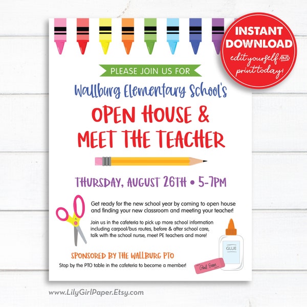 Editable Back to School Open House, Meet the Teacher Flyer Template, 8.5x11 PTA/PTO Flyer, Customizable, Instant Download, 0325