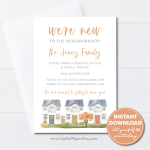 Editable Fall/Autumn We&#39;re New to the Neighborhood cards, Editable Template, Instant Download, Fall New Neighbor Announcements