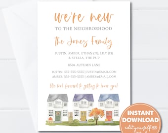 Editable Fall/Autumn We're New to the Neighborhood cards, Editable Template, Instant Download, Fall New Neighbor Announcements