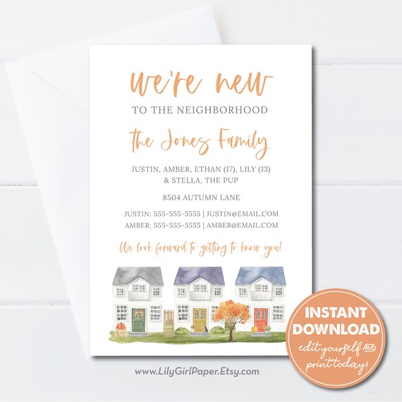 Editable Fall/Autumn We're New to the Neighborhood cards, Editable Template, Instant Download, Fall New Neighbor Announcements Il_570xn