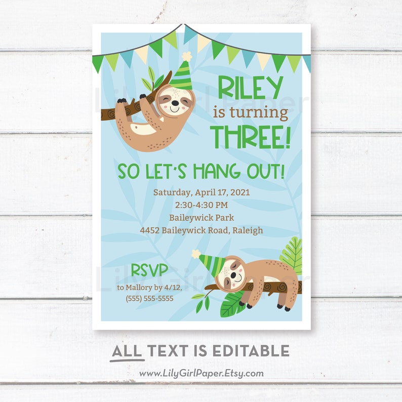 Editable Cute Sloth Boy Birthday Invitation Template, INSTANT DOWNLOAD, Come Hang Out, Jungle Gym Birthday, Little Boy Party Invite, 0278 image 3