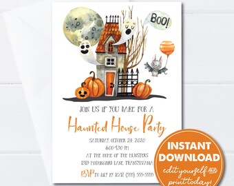 Halloween Invitation, Haunted House Party Printable, Costume Party, Outdoor Halloween Party, EDITABLE INSTANT DOWNLOAD! 0206