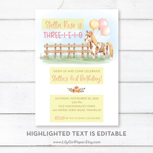 Three-i-e-i-o 3rd Birthday Party Invitation Template, Editable, Girl's Farm Party, INSTANT DOWNLOAD, Print or Email Your Invitation, 0344 image 3