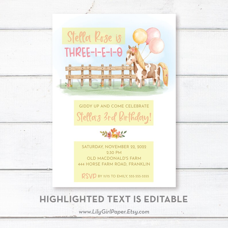 Three-i-e-i-o 3rd Birthday Party Invitation Template, Editable, Girl's Farm Party, INSTANT DOWNLOAD, Print or Email Your Invitation, 0344 image 3