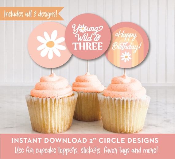 DIGITAL Young Wild & Three Girls 3rd Birthday Cupcake Toppers, Stickers, Party Favors, 70s theme, INSTANT DOWNLOAD, print, cut, create, 0317 Il_570xn