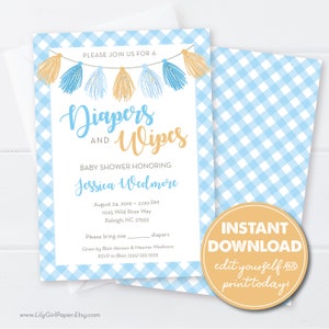 Editable Diaper and Wipes Baby Shower Invitation Template, Blue and Gold, Boy Baby Shower, INSTANT DOWNLOAD! Print or Email Today! 0284