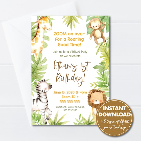 Editable Zoom Virtual Birthday Invitation Template, Jungle Animal Party, INSTANT DOWNLOAD, Edit, Download and Print or Email Today! 0161 Il_570xn