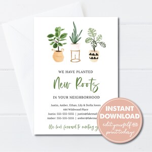 Cartes modifiables « Nous sommes nouveaux dans le quartier », nous avons planté de nouvelles racines, modèle modifiable, téléchargement immédiat, faire-part de nouveaux voisins, 0203