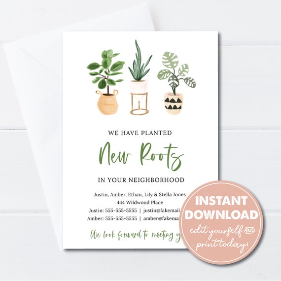 Editable We're New to the Neighborhood cards, We've Planted New Roots, Editable Template, Instant Download, New Neighbor Announcements, 0203 Il_570xn