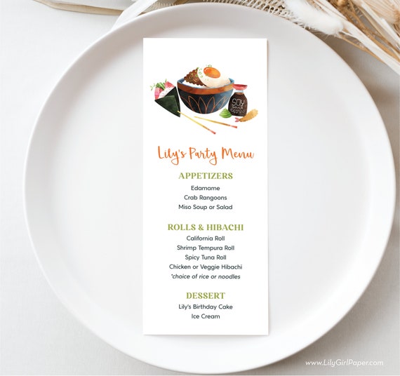 Editable Hibachi Birthday Party Menu Template, Sushi Dinner Party