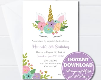 Editable Unicorn Birthday Party Invitation, INSTANT DOWNLOAD, Magical Unicorn, Little Girl Birthday, Edit, Download and Print Today! 0101