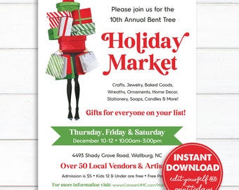 Holiday Market Flyer, Editable Template, Christmas Craft Show, Sip & Shop, Holiday Shopping Invitation, Announcement, INSTANT DOWNLOAD, 0248