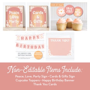 K&ouml;nnte beinhalten: Ein Set druckbarer Partydekorationen in einem rosa-wei&szlig;en Farbschema mit einem G&auml;nsebl&uuml;mchen-Motiv. Das Set beinhaltet ein Schild "Peace Love Party", ein Schild "Cards & Gifts", ein Banner "Happy Birthday", Cupcake-Topper und Dankeskarten.
