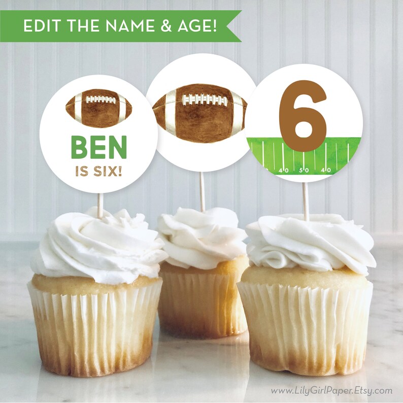 May include: Three cupcake toppers with a football theme. The toppers feature a brown football, the number 6, and the text "BEN IS SIX!" on a green background.