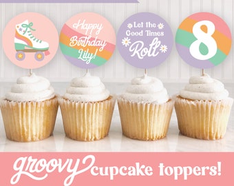 May include: Groovy cupcake toppers featuring a roller skate, birthday message, and "Let the Good Times Roll" text. The toppers are on cupcakes with white frosting. The text on the toppers is in a retro font and the colours are pink, orange, green, and purple.