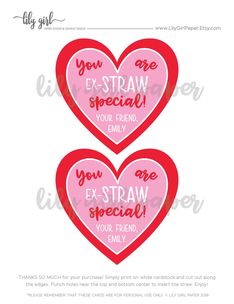 Editable Valentine's Card Template, Ex-Straw Special SOLID VERSION Class Valentines, Edit Yourself in Minutes, Download & Print Today image 2