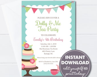 Editable Dolly and Me Tea Party Invitation, Girl Birthday invitation, INSTANT DOWNLOAD, Easily edit online, 0113