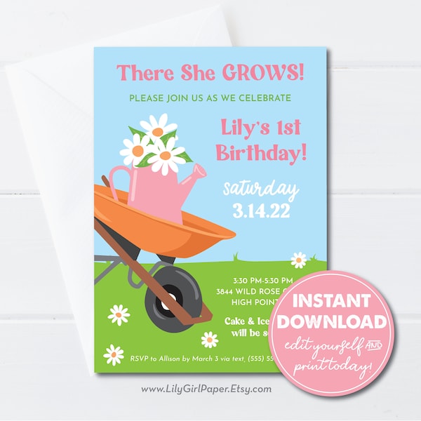 Editable There She Grows Girl's Birthday Party Invitation, Instant Download, Garden Party Birthday, 1st Birthday, Toddler, Template, 0316