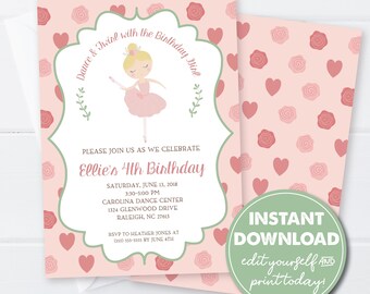 Editable Ballerina Birthday Party Invitation, INSTANT DOWNLOAD, Ballet Invitation, Dance Party Invitation, Edit, Girls Birthday, 0131