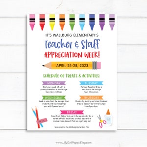 Editable Teacher & Staff Appreciation Week Schedule Flyer Template, 8.5x11 PTA/PTO Flyer, Customizable, Instant Download, 0325
