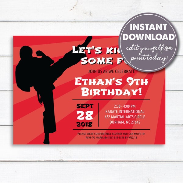 Editable Karate Birthday Party Invitation Template, Tae Kwon Do, Martial Art Party Invitation, Instant Download, Printable, 0124