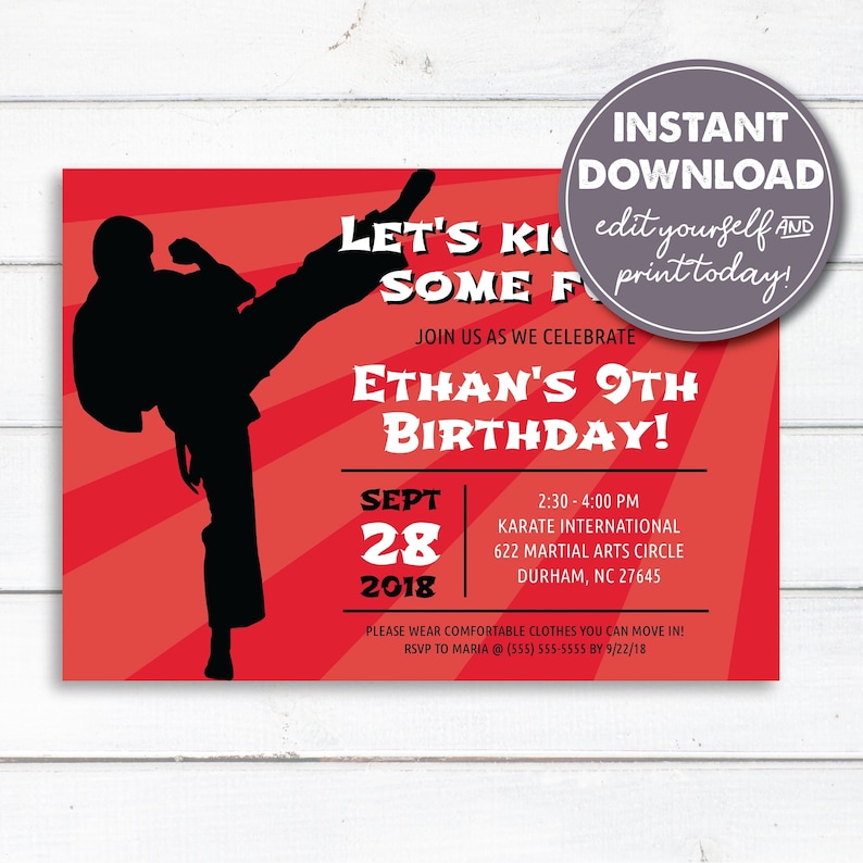 May include: Red and white birthday invitation with a silhouette of a person doing a karate kick. The invitation says "Let's Kick Some Fun" and "Ethan's 9th Birthday!" with the date "Sept 28, 2018".
