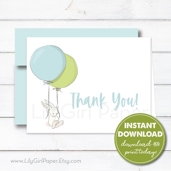 INSTANT DOWNLOAD Thank You Card, Birthday Party, Baby Shower, Bunny