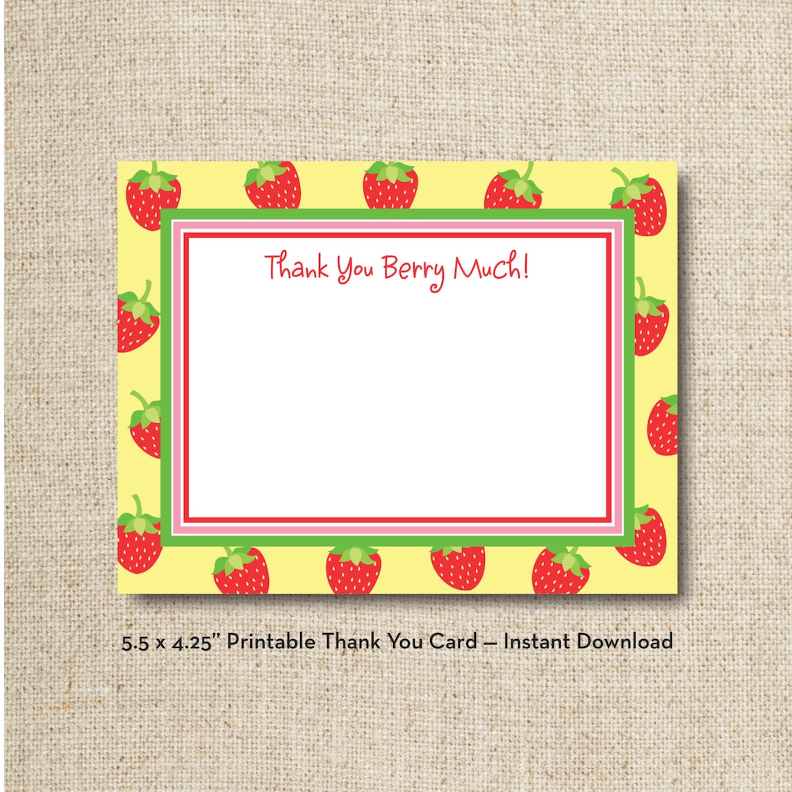 Strawberry Birthday Party Thank You Card Strawberry Notecard Etsy