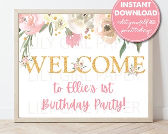 Editable 1st Birthday Party Welcome Sign Template, Girl's First Birthday, INSTANT DOWNLOAD! Printable Guest Greeting Welcome Sign, 0422