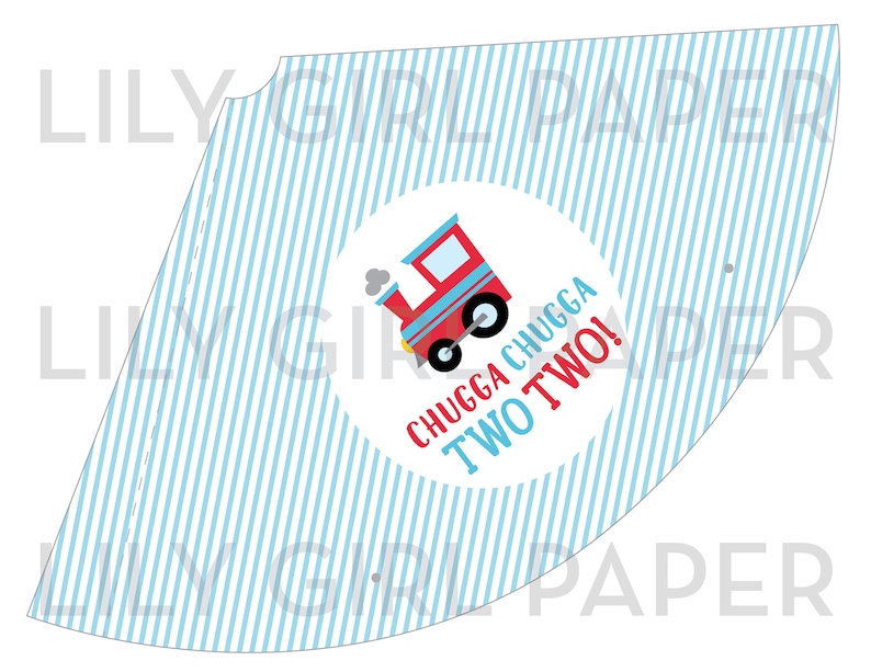 May include: A party hat with a blue and white striped pattern. A circular graphic features a red train and the text "CHUGGA CHUGGA TWO TWO!" in red and blue. The hat is designed for a child's second birthday.