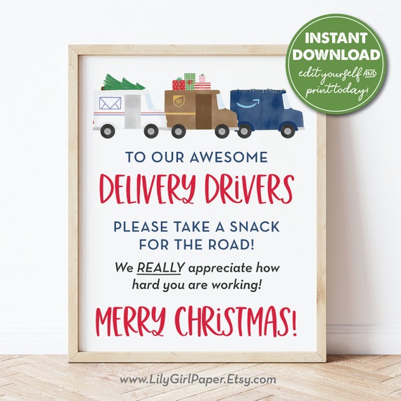 Delivery Driver Snack Sign, Merry Christmas, Christmas Deliveries, USPS, UPS, Amazon, FedEx Thank You, Take a Snack, Instant Download 0288 Il_570xn