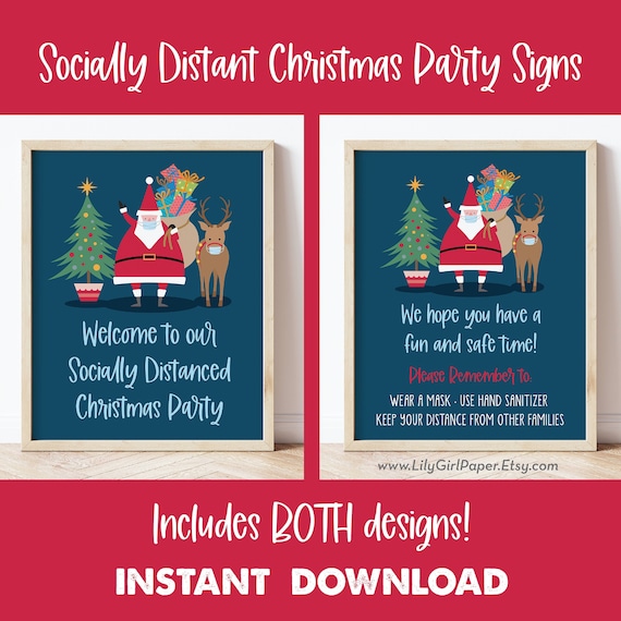 Socially Distant Christmas Party Welcome Signs, Santa and Reindeer with Masks, INSTANT DOWNLOAD! Printable Guest Greeting Welcome Sign, 0237 Il_570xn