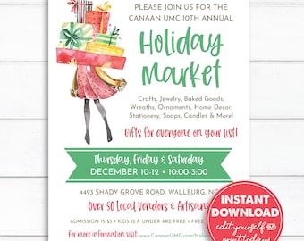 Editable Holiday Market Template, Christmas Craft Show, Bake Sale Flyer, Invitation, Announcement, INSTANT DOWNLOAD, All Text Editable, 0248