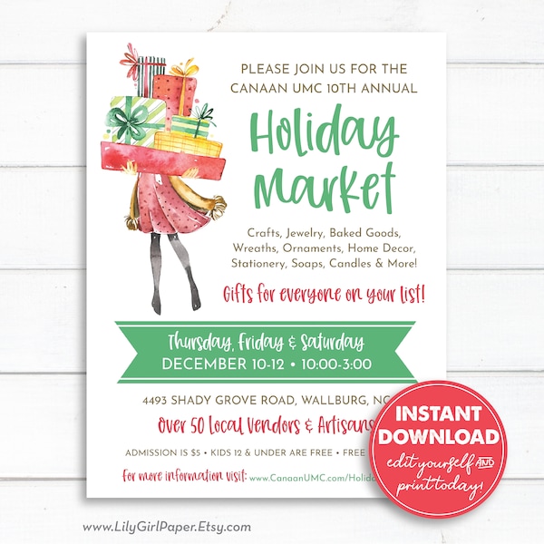 Editable Holiday Market Template, Christmas Craft Show, Bake Sale Flyer, Invitation, Announcement, INSTANT DOWNLOAD, All Text Editable, 0248