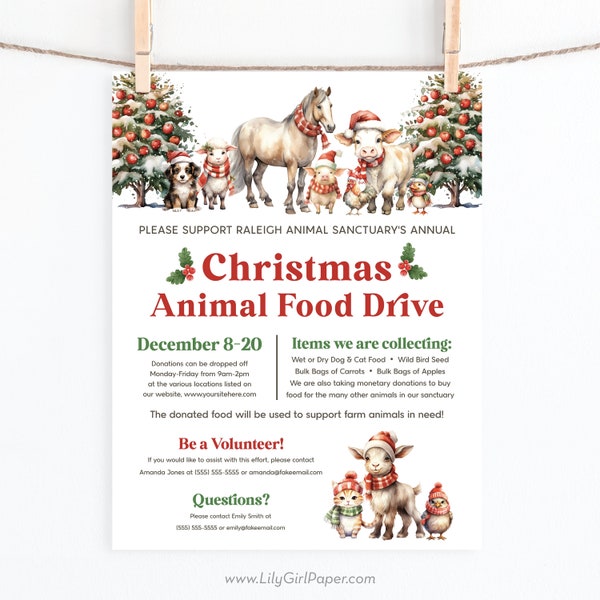 Editable Farm Animal Christmas Holiday Food Drive Flyer Template, 8.5x11 Flyer, Animal Sanctuary Food Donations, Shelter, Instant Download