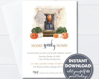 May include: A Halloween housewarming party invitation with a watercolor illustration of a house with a ghost, pumpkins, and string lights. The text reads "Home spooky Home" and includes the date, time, and address for the party. RSVP information is also included.