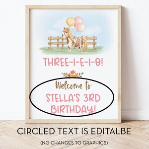 Puede incluir: Un cartel de fiesta de cumplea&ntilde;os imprimible con una ilustraci&oacute;n de acuarela de un pony marr&oacute;n y blanco sosteniendo globos. El cartel dice "THREE-I-E-I-O! Bienvenido a STELLA'S 3RD BIRTHDAY!" El texto en el &oacute;valo es editable.