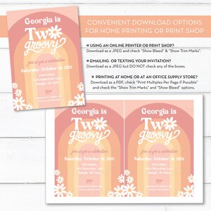May include: A printable invitation for a party with the text "Georgia is Tw groovy" in a rainbow arch with white daisies. The invitation is for a celebration on Saturday, October 16, 2021, from 3:30 to 5:30 pm at 4424 Daisychain Lane, Raleigh, NC 21553.
