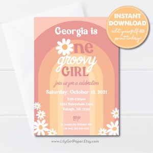 Puede incluir: Una invitaci&oacute;n rosa y naranja con un dise&ntilde;o de arco&iacute;ris y una margarita. El texto dice "Georgia is one groovy girl, join us for a celebration, Saturday, October 16, 2021, 3:30-5:30pm, 4424 Daisychain Lane, Raleigh, NC 27555, RSVP to Jessica by October 9th via text 555-555-5555, www.LilyGirlPaper.Etsy.com".