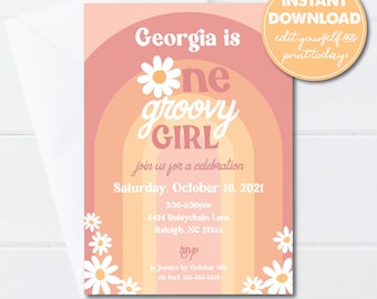 Editable  Girl's 1st Birthday One Groovy Girl Daisy Party Invitation, Boho 70s theme, INSTANT DOWNLOAD, Edit, Download, Print/Email! 0291