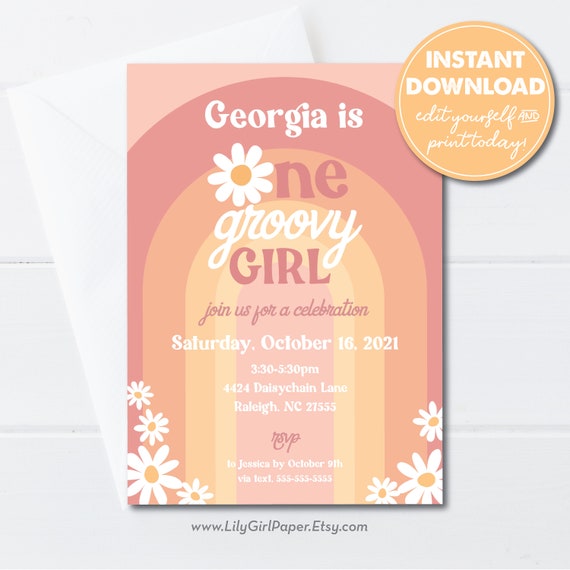 Editable Girl's 1st Birthday One Groovy Girl Daisy Party Invitation, Boho 70s theme, INSTANT DOWNLOAD, Edit, Download, Print/Email! 0291 Il_570xn